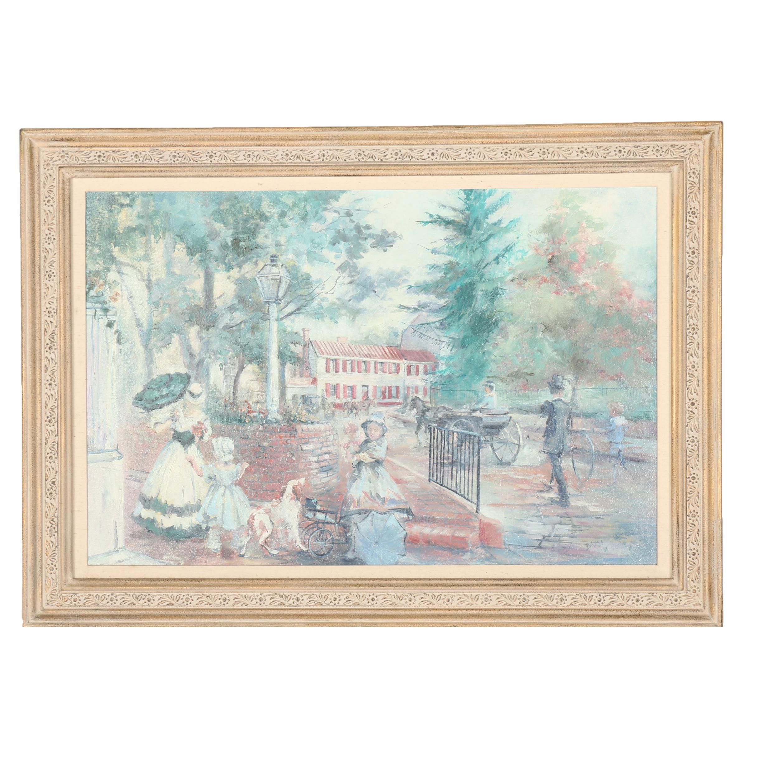 Signed Original Oil Painting Of Town Scene