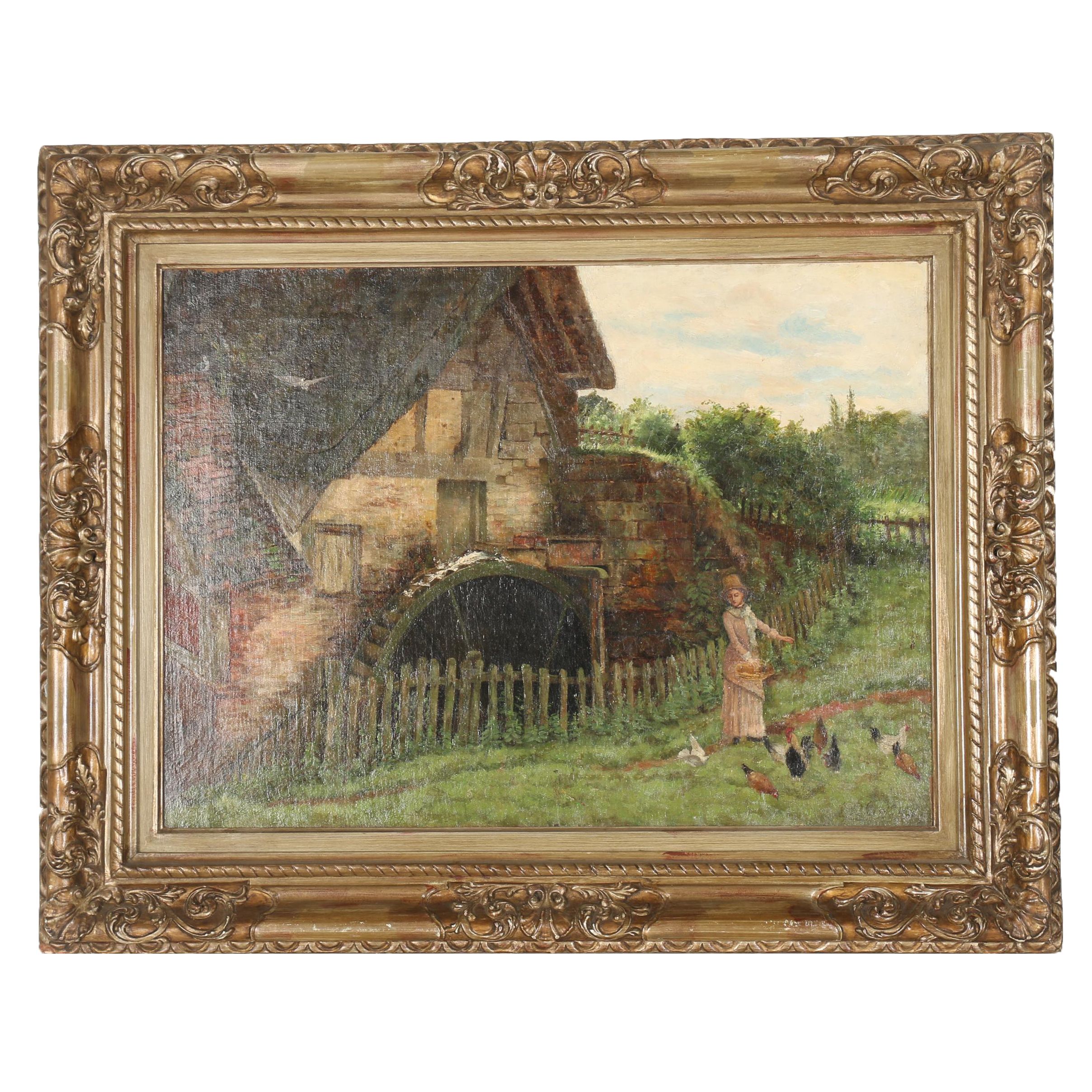 G.O Owen Oil Painting on Canvas "Feeding Chickens"