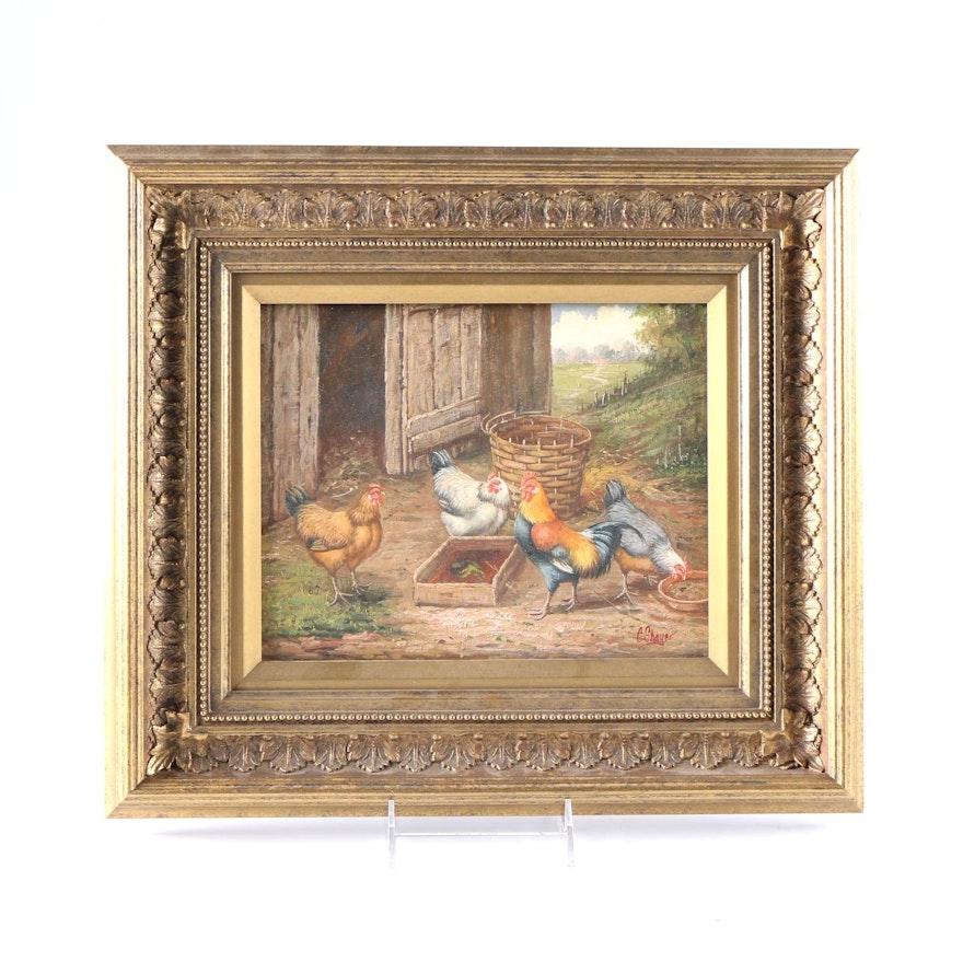 C. Shayer Oil Painting on Wood Panel "Barnyard with Chickens"