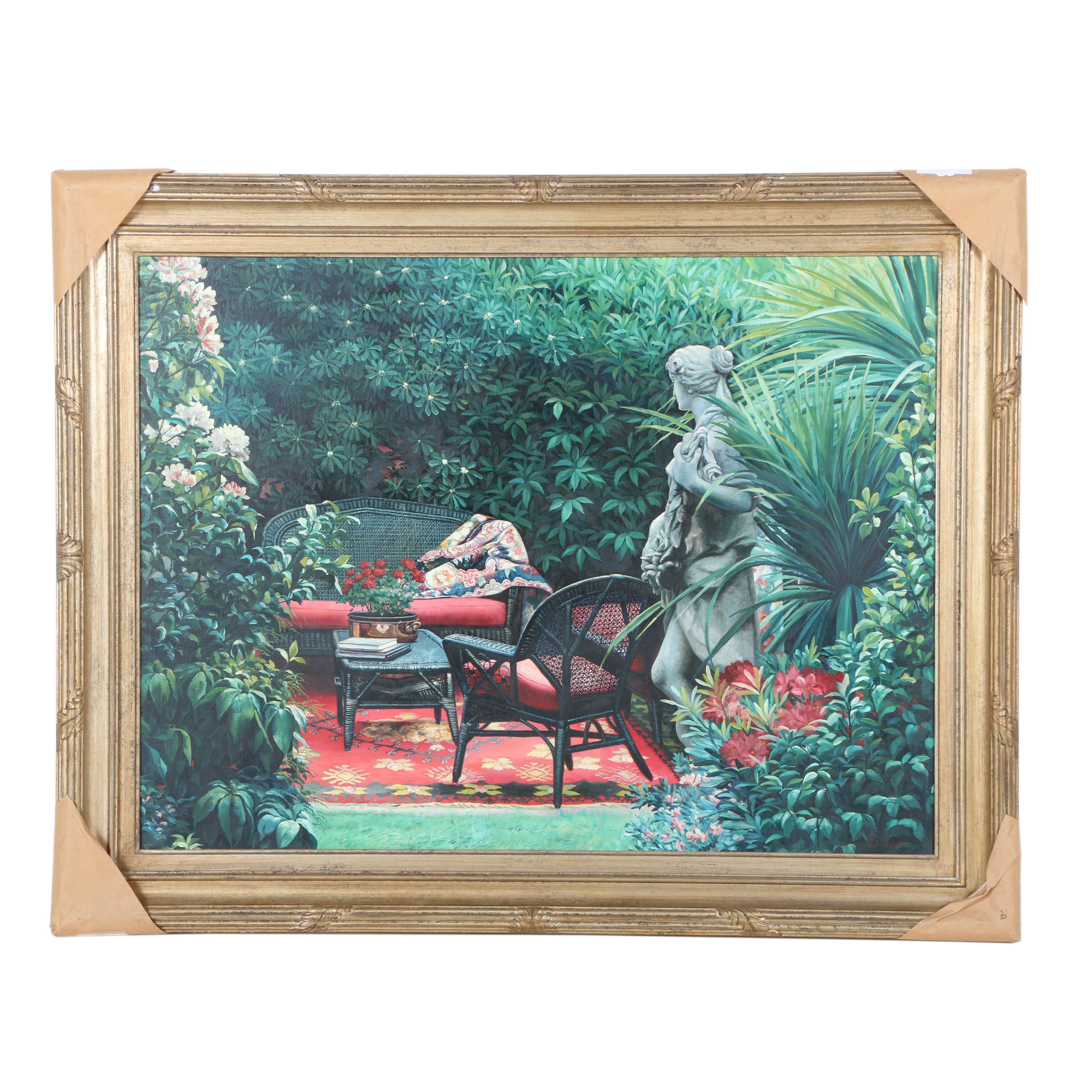 S.H. Lee Oil Painting on Canvas "Garden Setting"