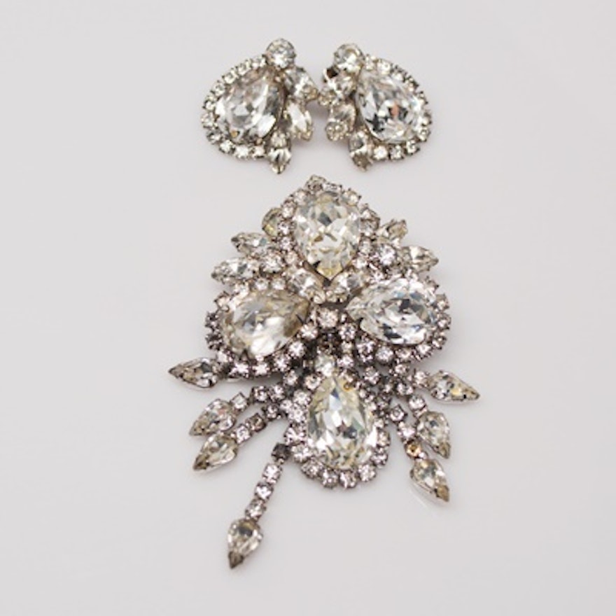 Vintage Rhinestone Brooch and Clip-On Earring Set