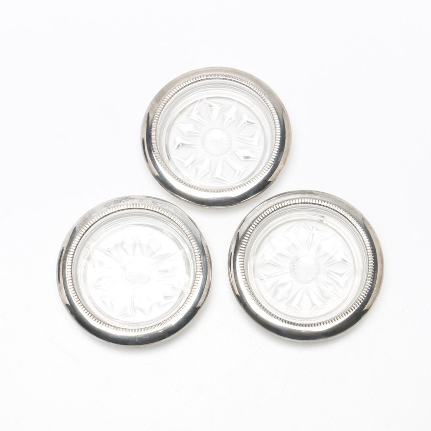 Glass Coasters With Silver Tone Rims