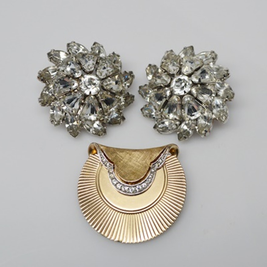 Vintage Weiss Rhinestone Clip-On Earrings and Boucher Brooch