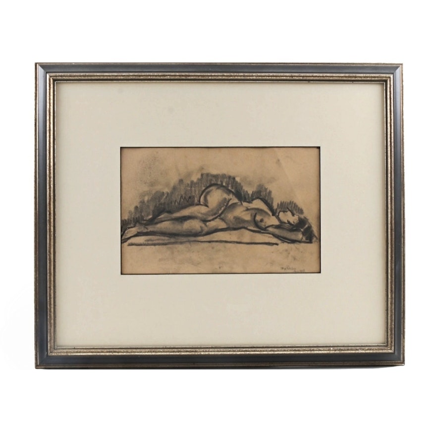 Max Weber Charcoal Drawing on Paper "Paris, Reclining Nude"