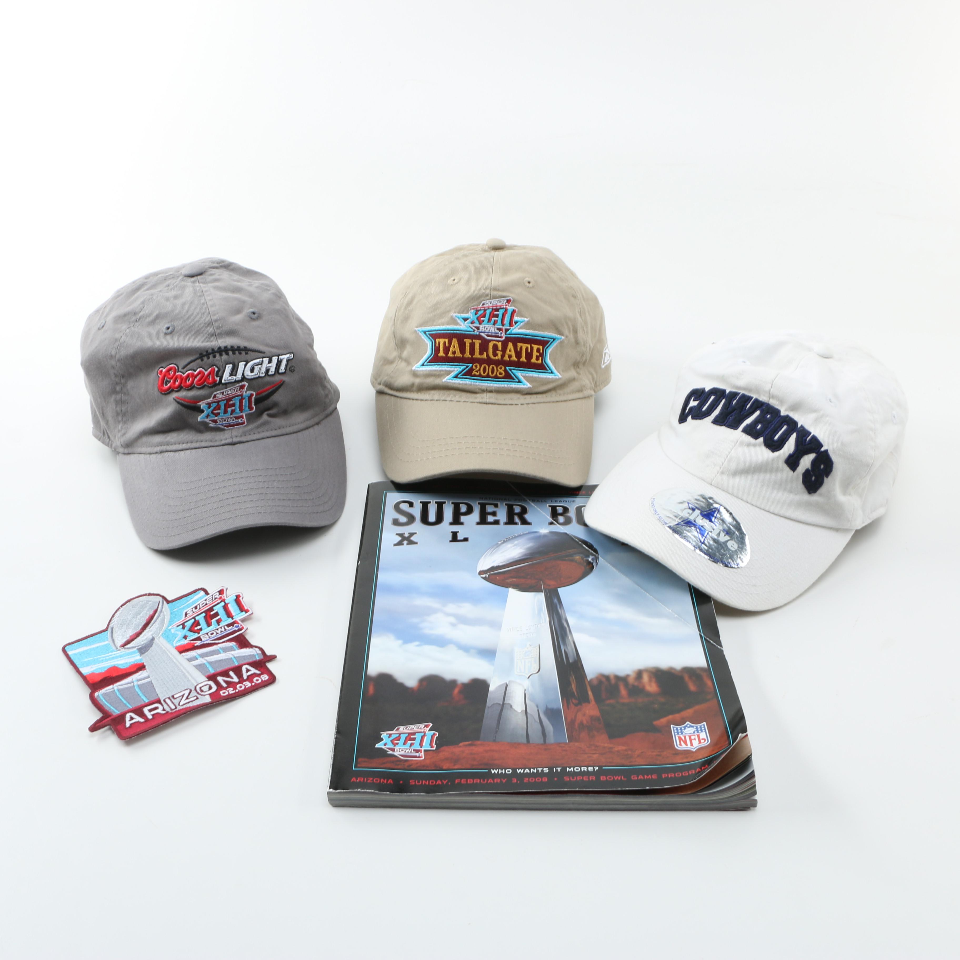 Collection of Hats and Super Bowl Souvenirs