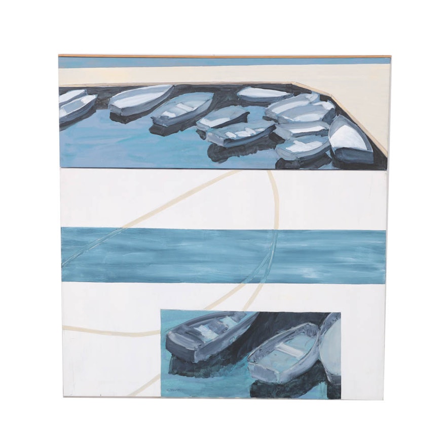 Ann Sklarin Acrylic Painting on Canvas "Off Route 1, Canoe: 50"
