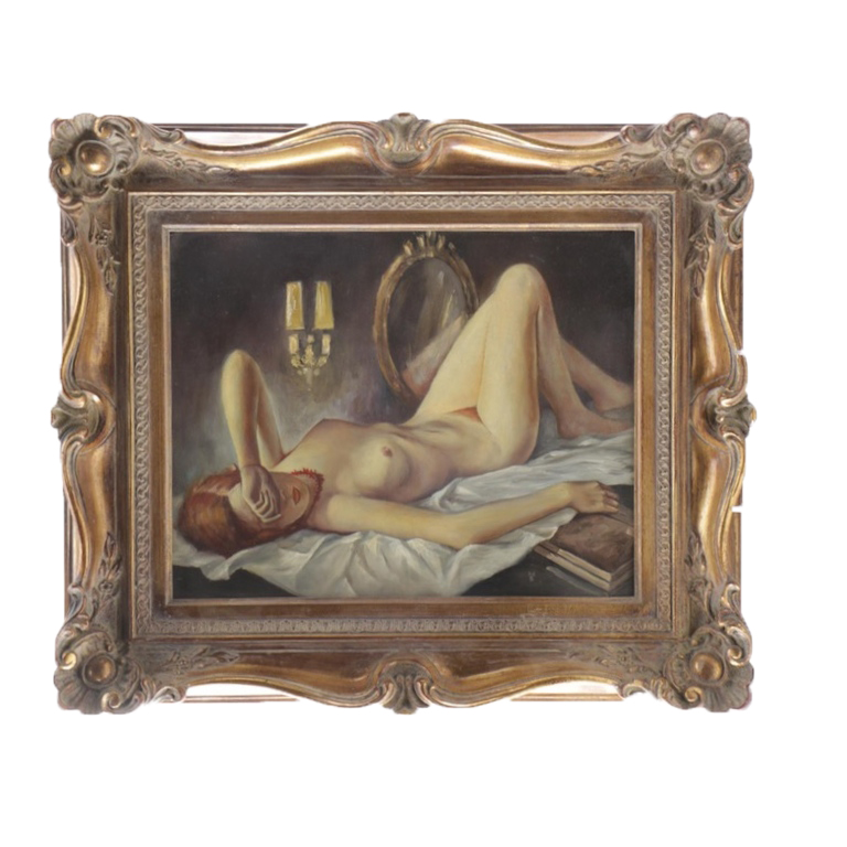 Oil on Board Painting of Reclining Female Nude