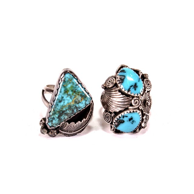 Pair of Vintage Southwestern Style Sterling Silver and Turquoise Rings