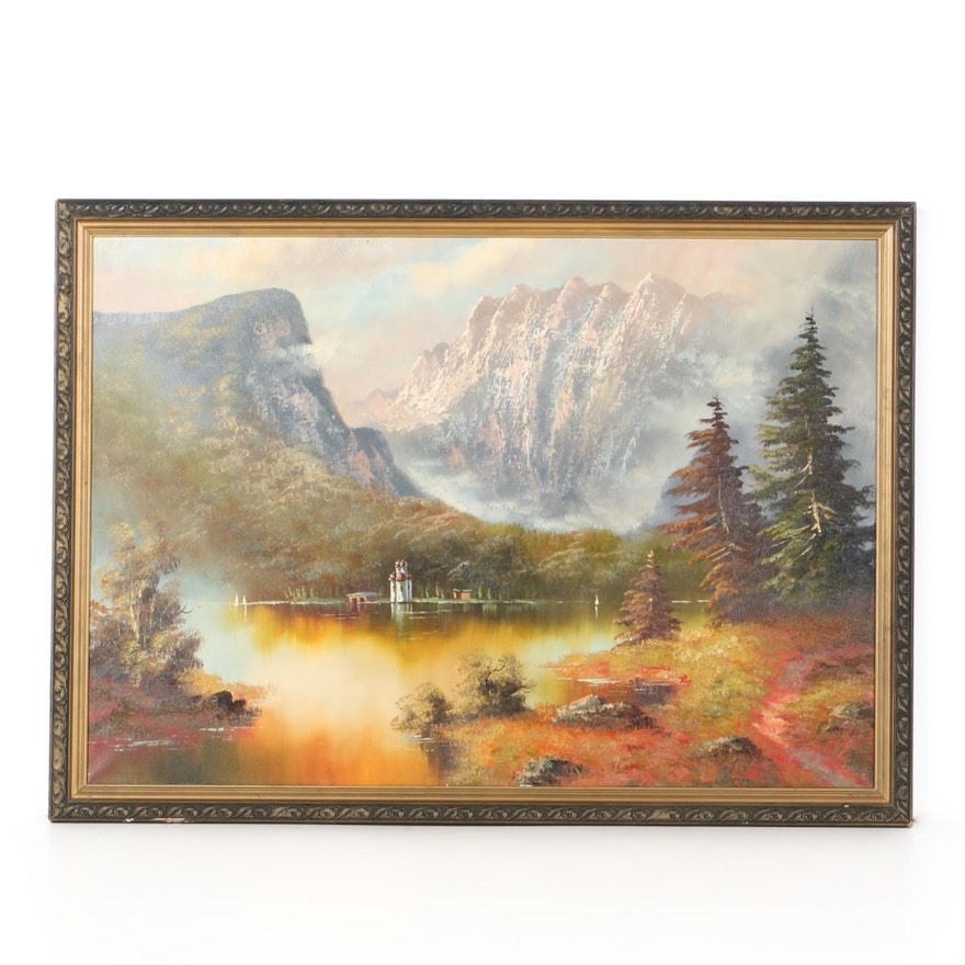Oil Painting on Canvas of Mountain and Lake