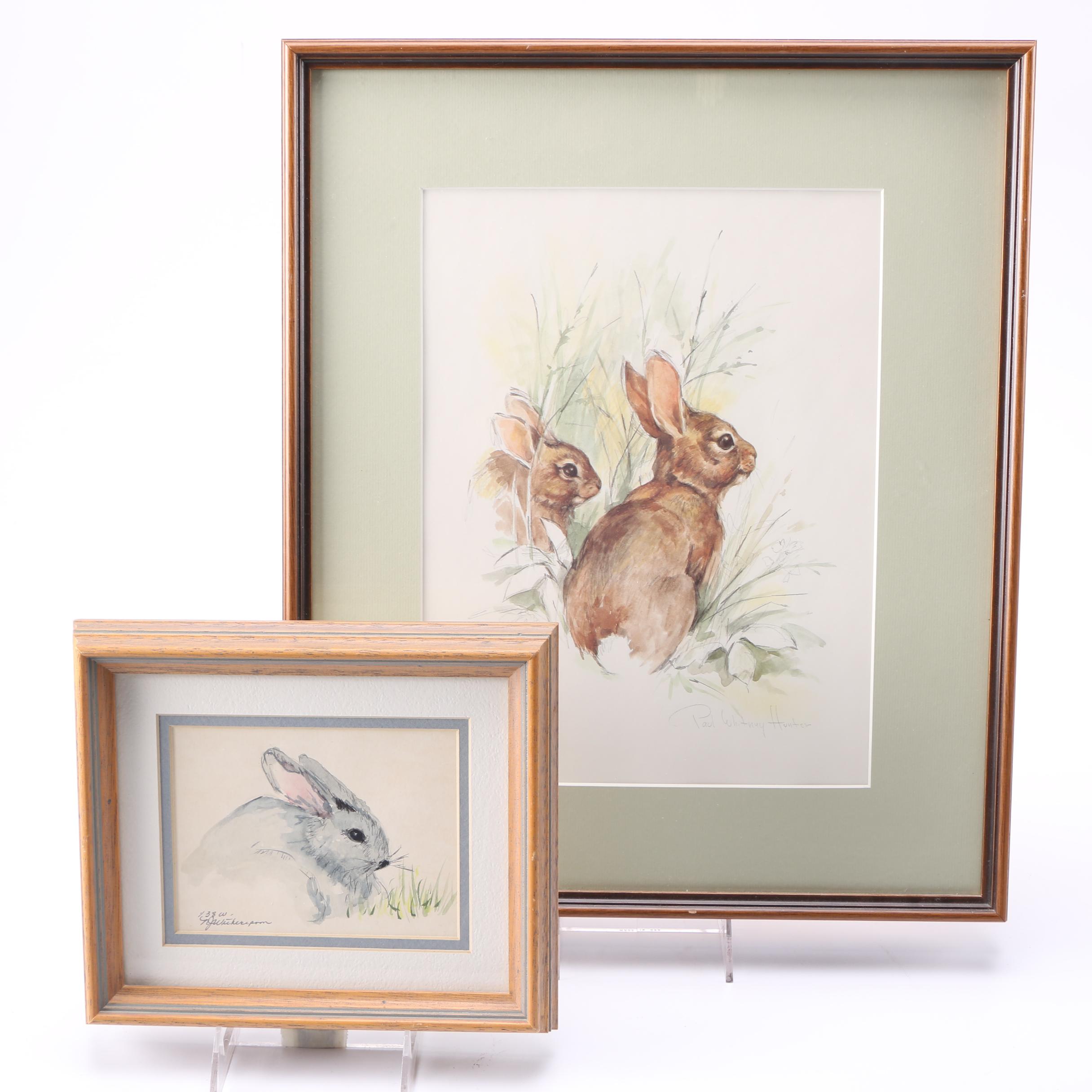 Norma J. Witherspoon Original Watercolor and After Paul Whitney Hunter Offset Lithograph of Rabbits