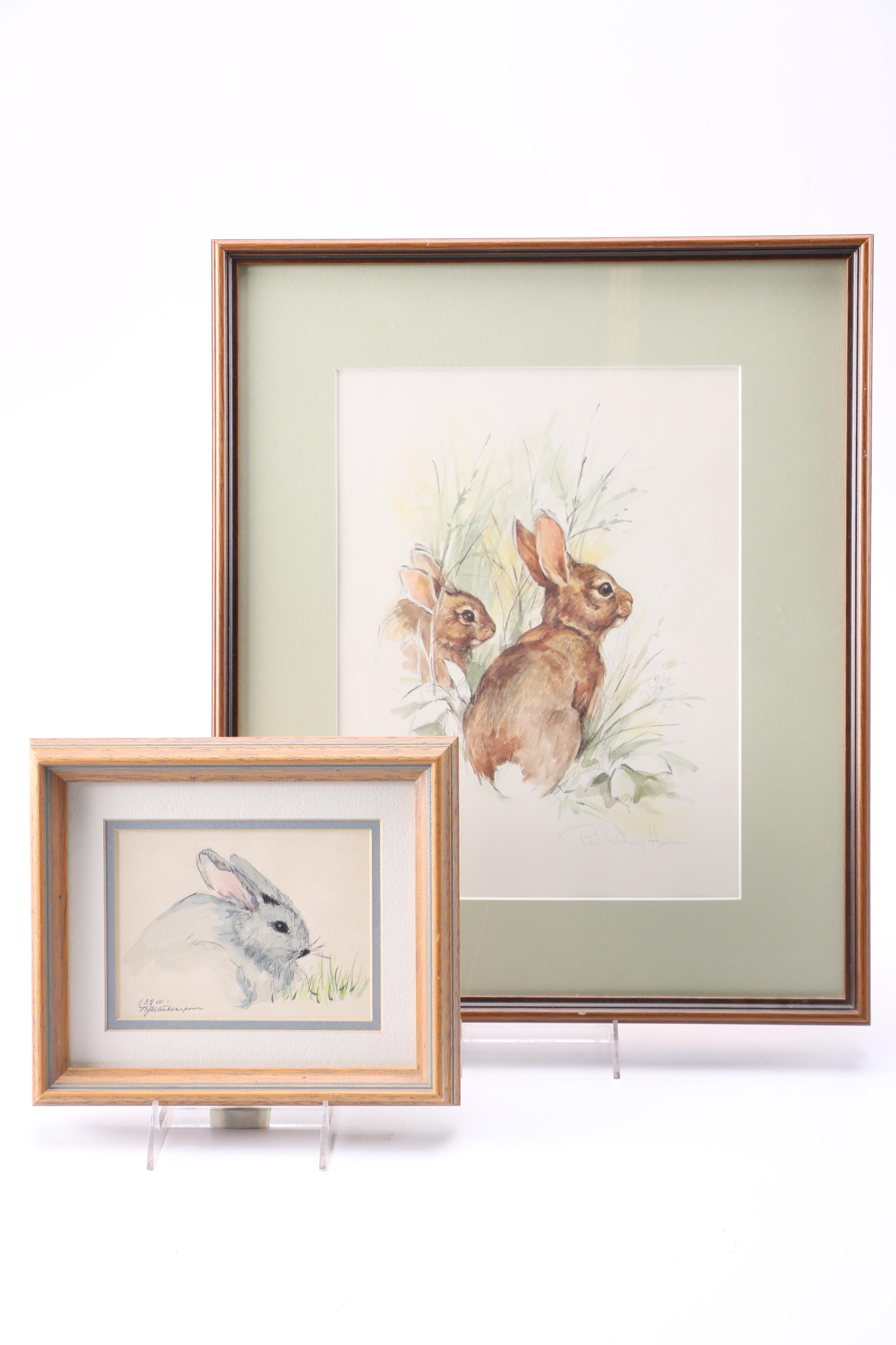 Norma J. Witherspoon Original Watercolor and After Paul Whitney Hunter Offset Lithograph of Rabbits