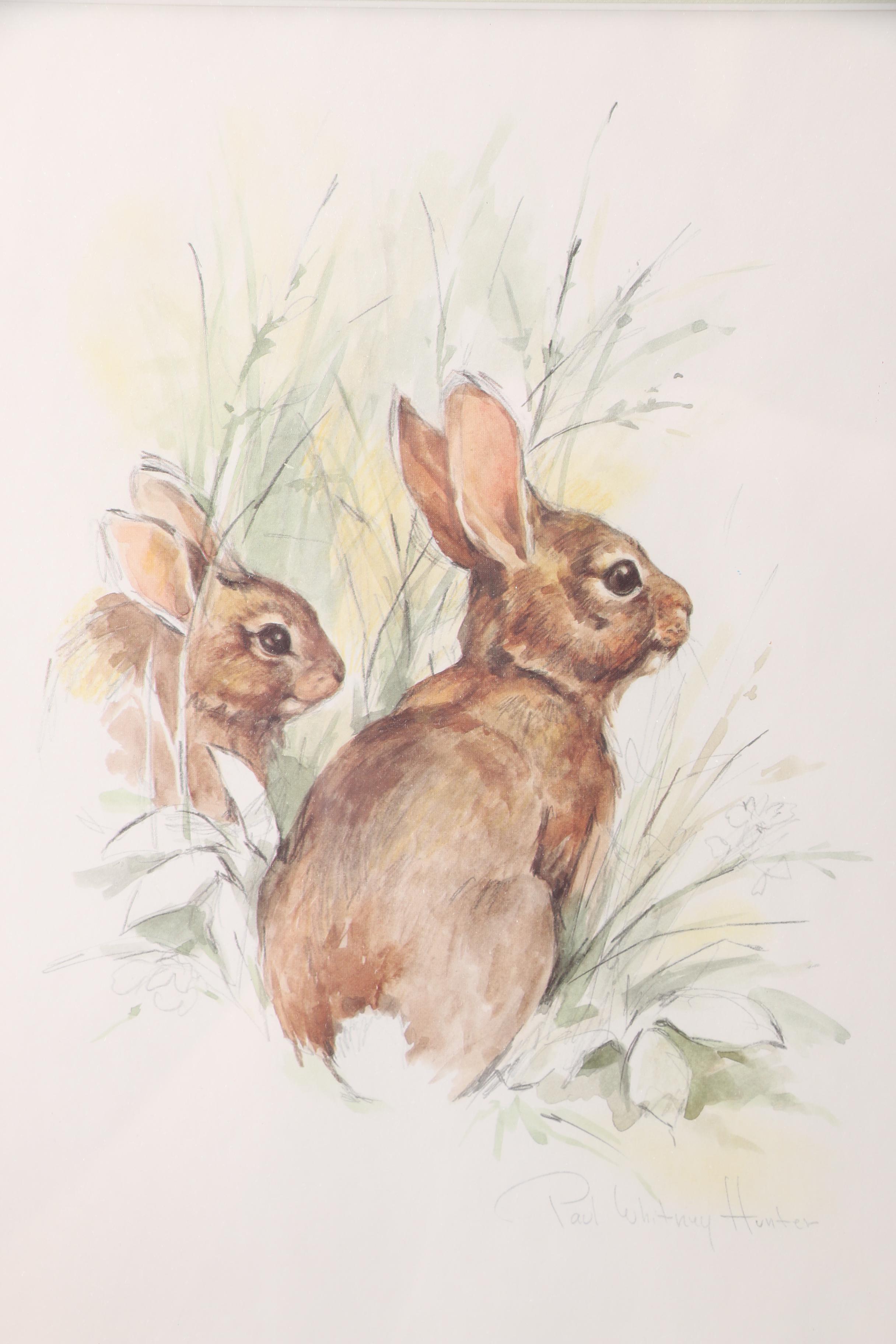 Norma J. Witherspoon Original Watercolor and After Paul Whitney Hunter Offset Lithograph of Rabbits