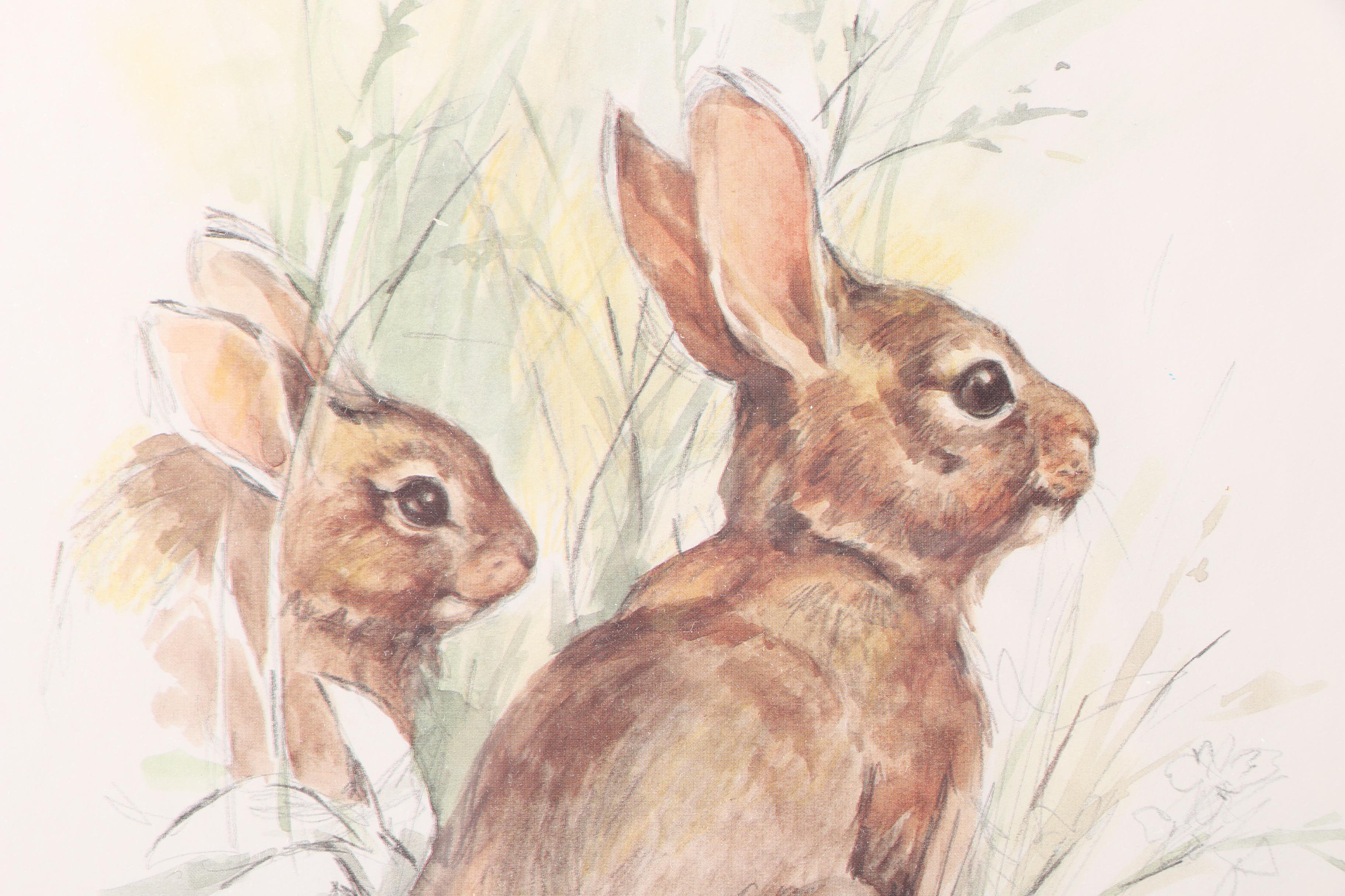 Norma J. Witherspoon Original Watercolor and After Paul Whitney Hunter Offset Lithograph of Rabbits