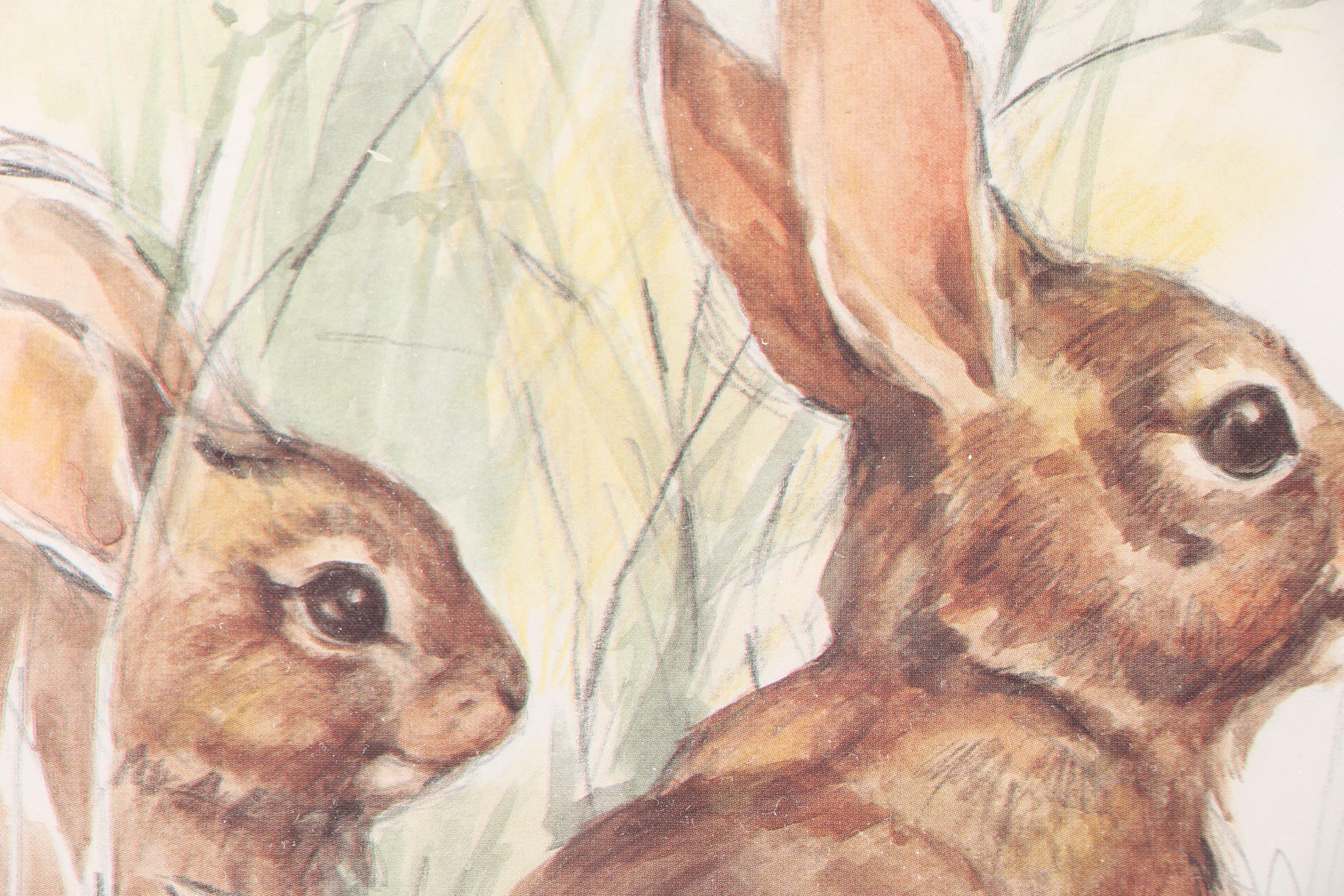 Norma J. Witherspoon Original Watercolor and After Paul Whitney Hunter Offset Lithograph of Rabbits