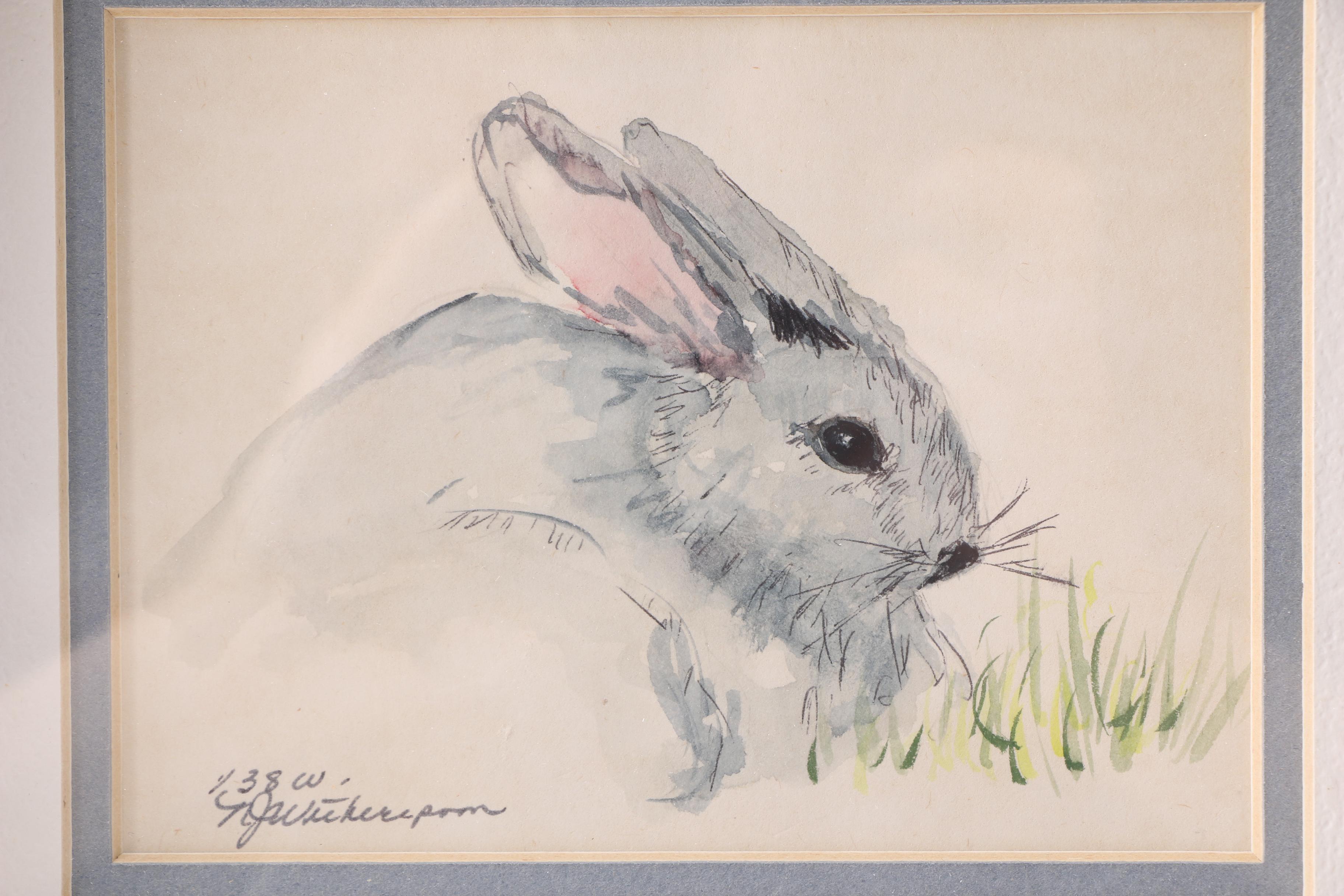 Norma J. Witherspoon Original Watercolor and After Paul Whitney Hunter Offset Lithograph of Rabbits