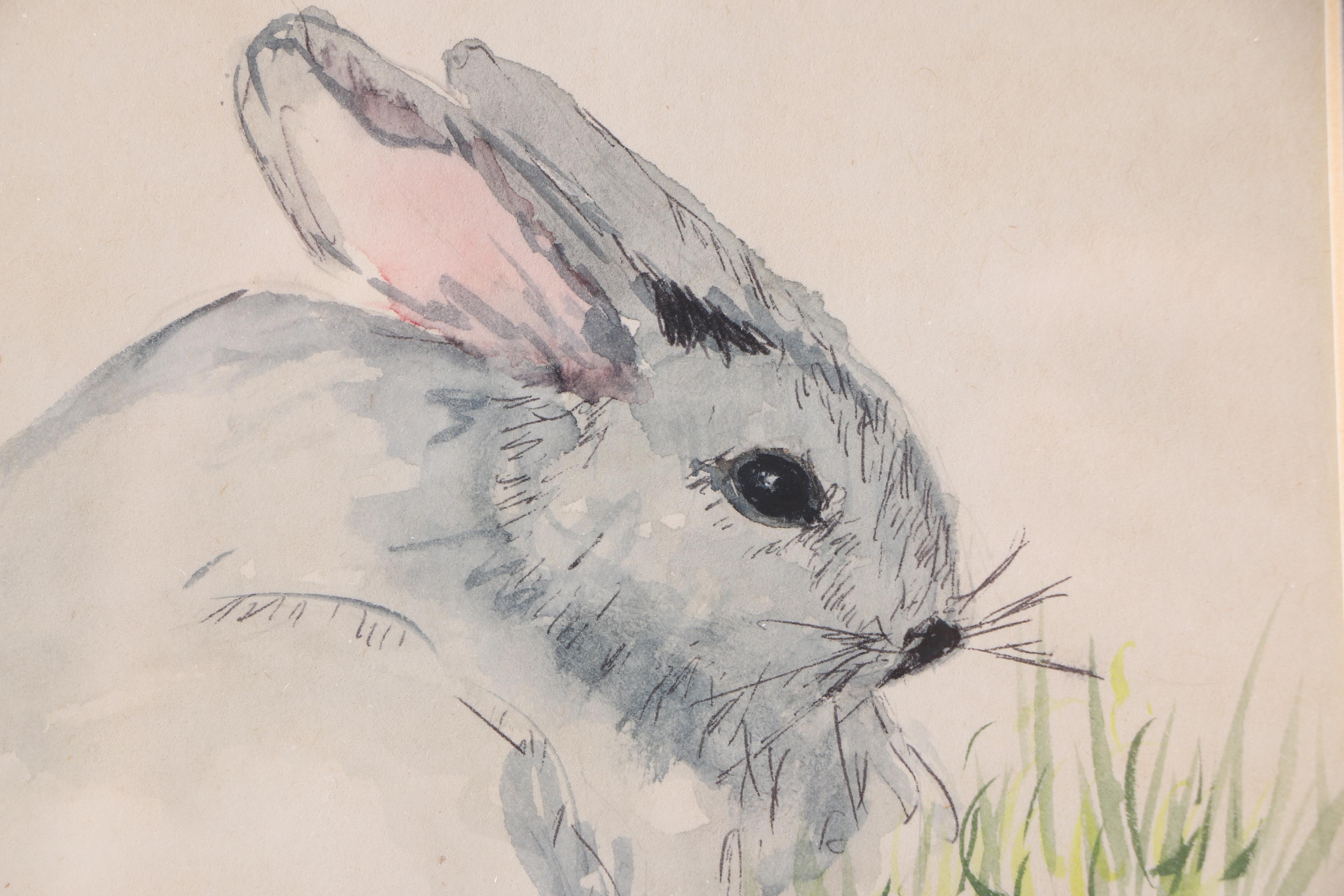 Norma J. Witherspoon Original Watercolor and After Paul Whitney Hunter Offset Lithograph of Rabbits