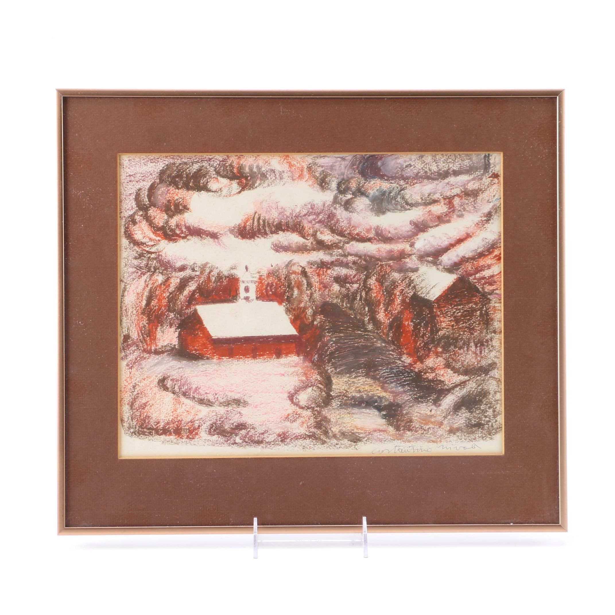 Costantino Nivola Conte Crayon Drawing of Autumn Landscape
