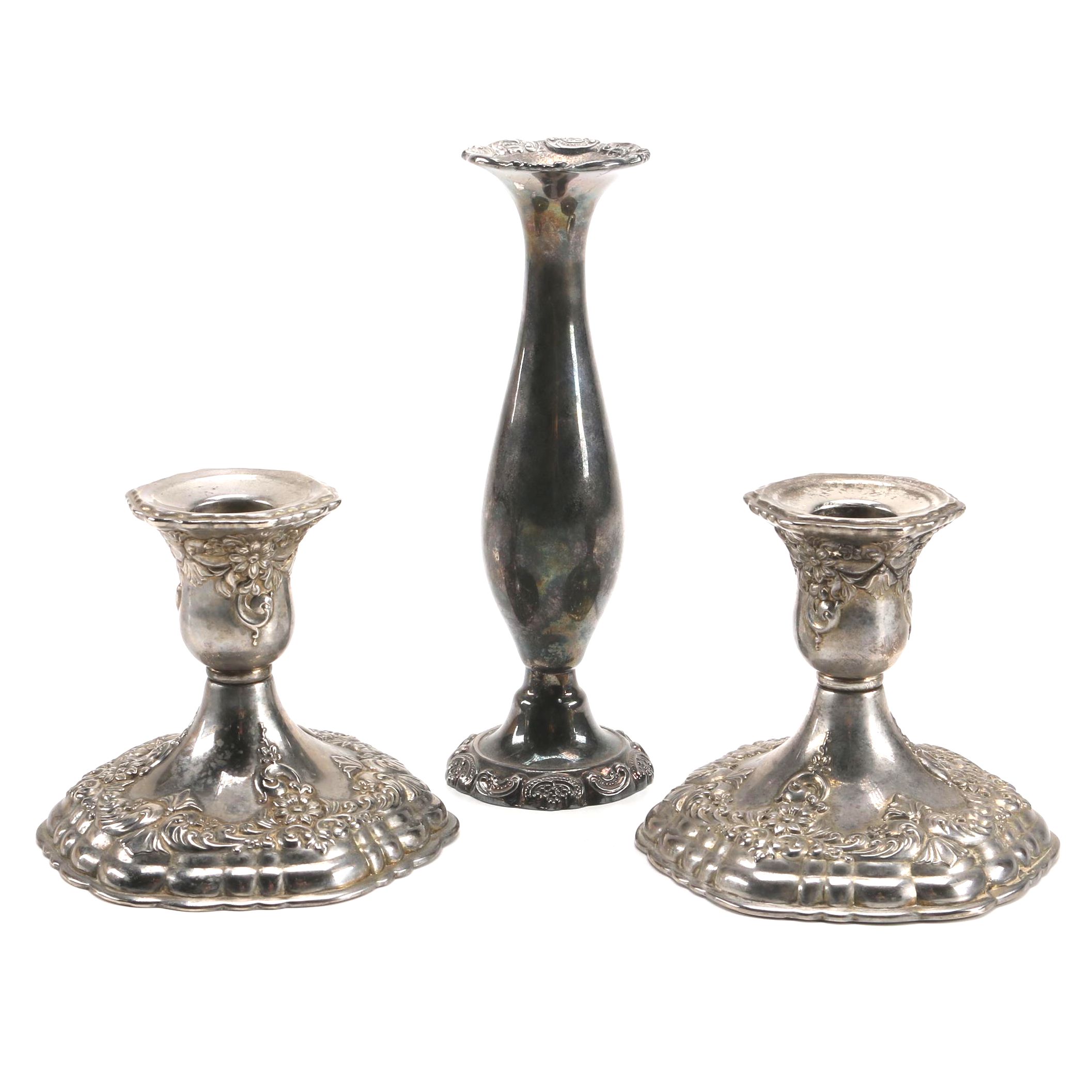 Collection of Silver Plated Candlesticks Including Wallace "Baroque"