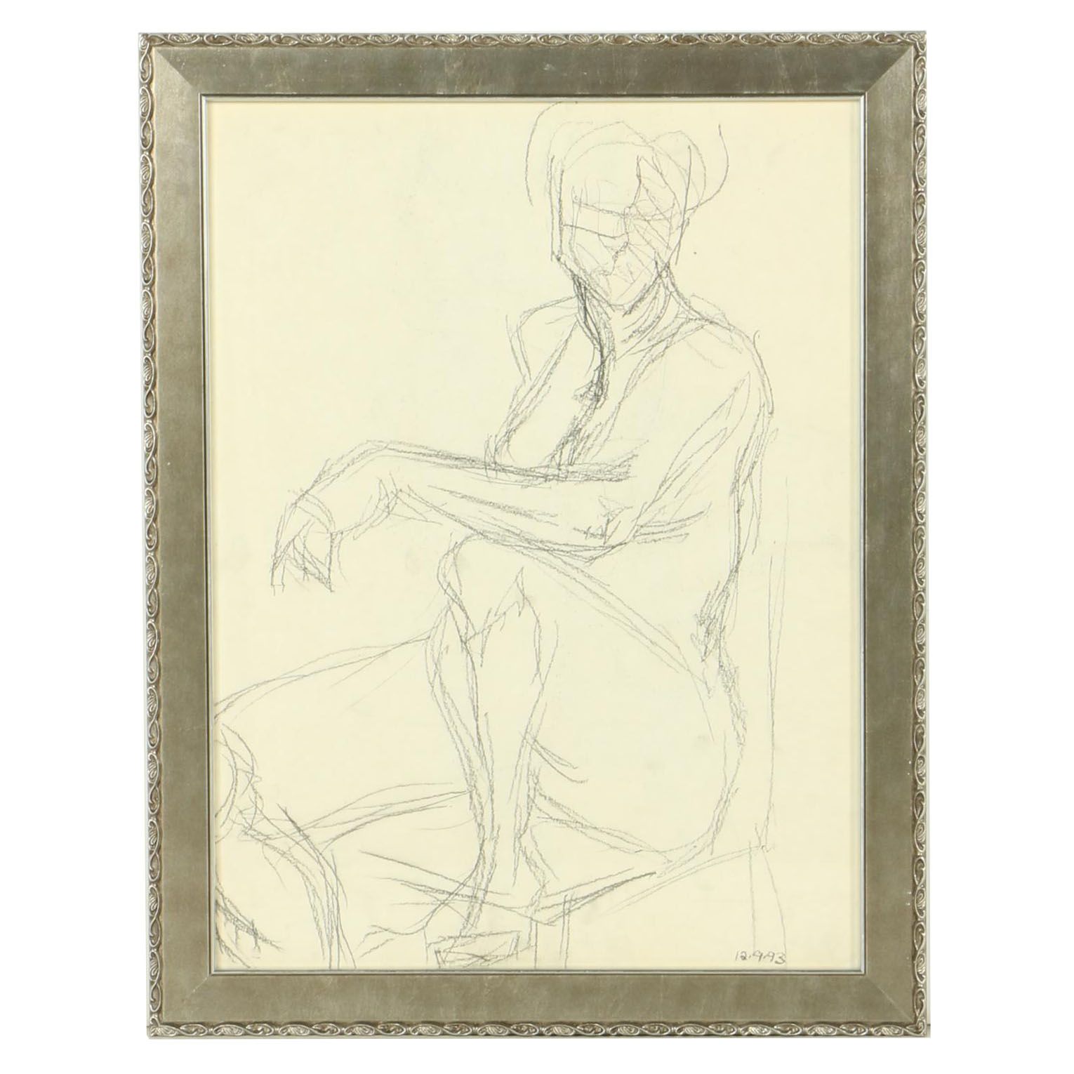 Framed Charcoal Drawing of a Seated Figure