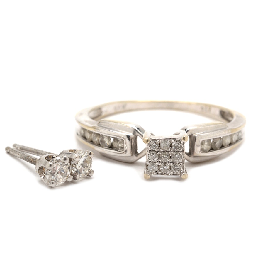 14K White Gold Diamond Ring and Earrings