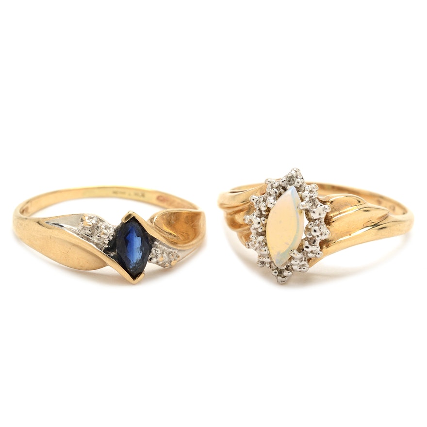 10K Yellow Gold Sapphire, Opal, and Diamond Rings