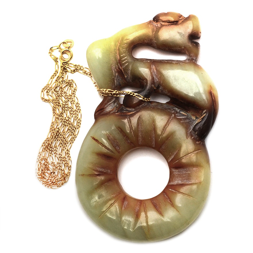 Chinese Carved Serpentine With 14K Yellow Gold Chain