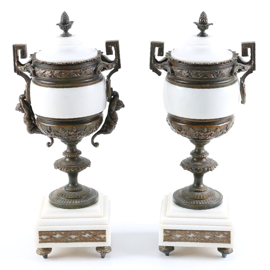 Pair of White Marble Urns
