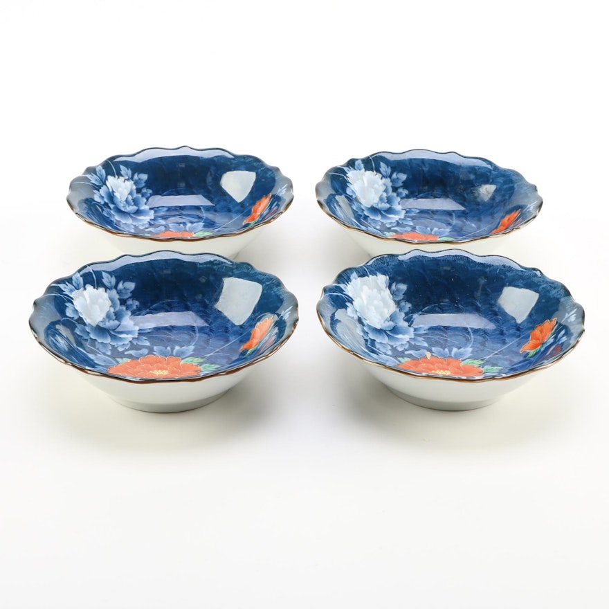 Japanese Blue Ceramic Bowls With Peony Designs