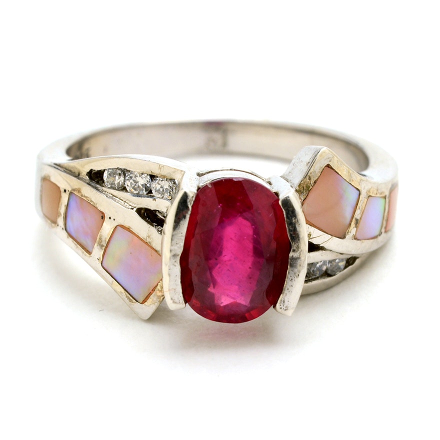 Sterling Silver Ruby and Mother of Pearl Ring