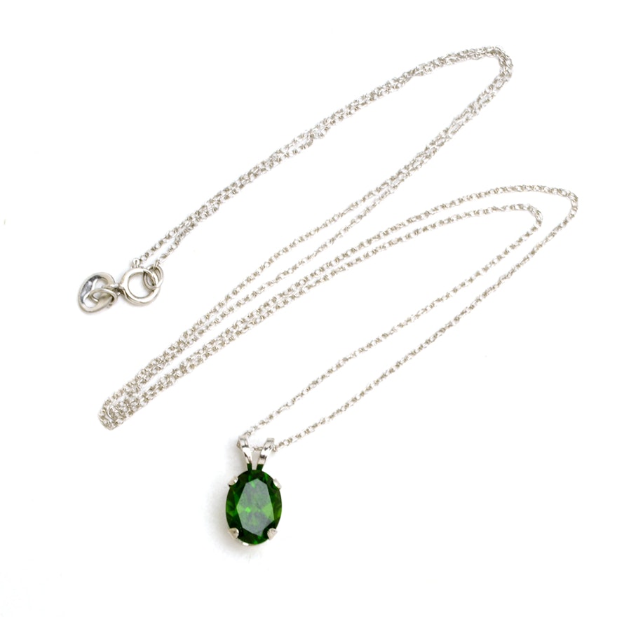 14K White Gold Chrome Diopside Solitaire Pendant Necklace