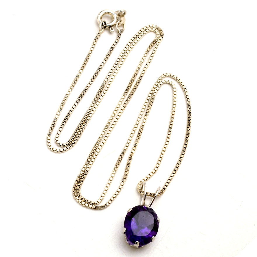 14K White Gold and Sterling Silver Amethyst Pendant Necklace