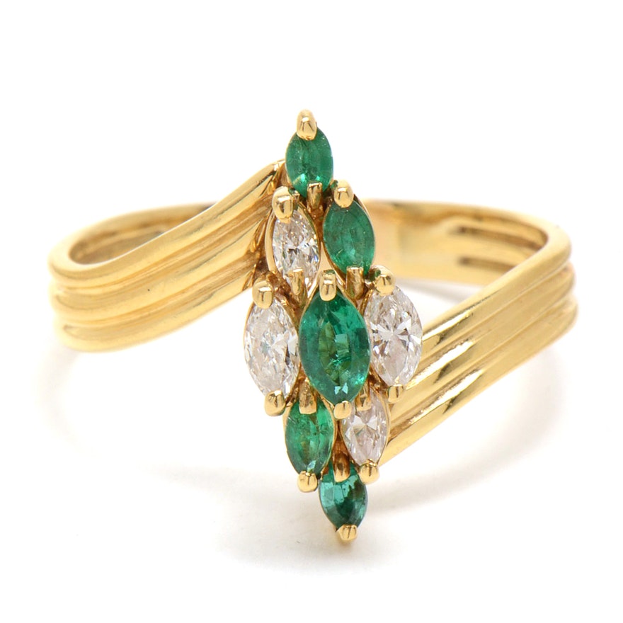 18K Yellow Gold Natural Emerald and Diamond Cluster Ring