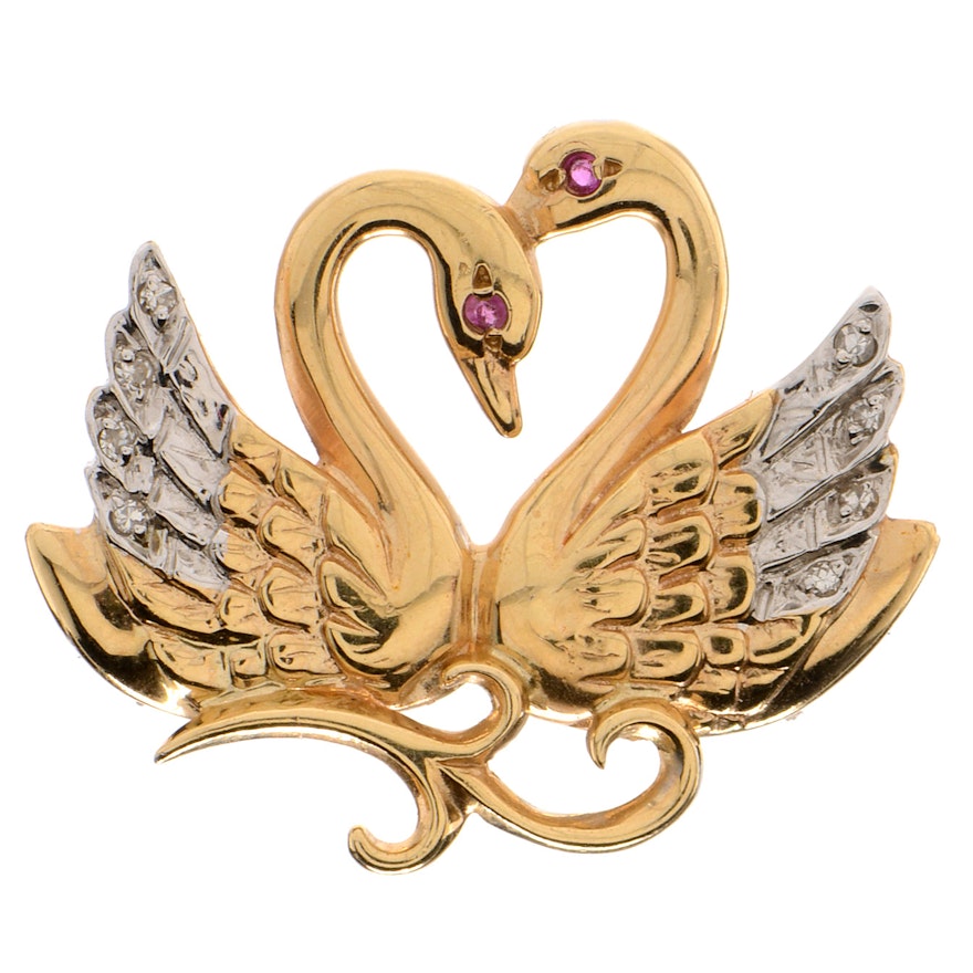 14K Yellow Gold and Diamond Swan Brooch