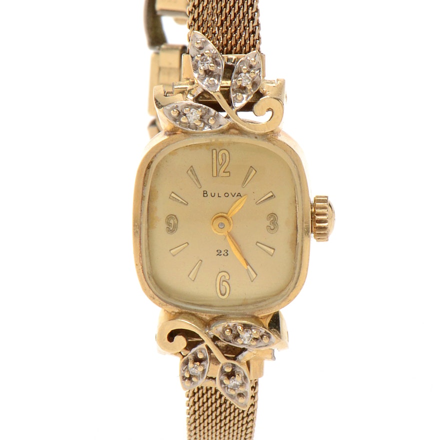 Women's Vintage Bulova 14K Yellow Gold Diamond Wristwatch