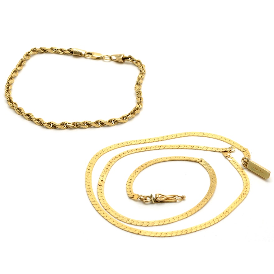 14K Yellow Gold Serpentine Necklace and Rope Chain Bracelet