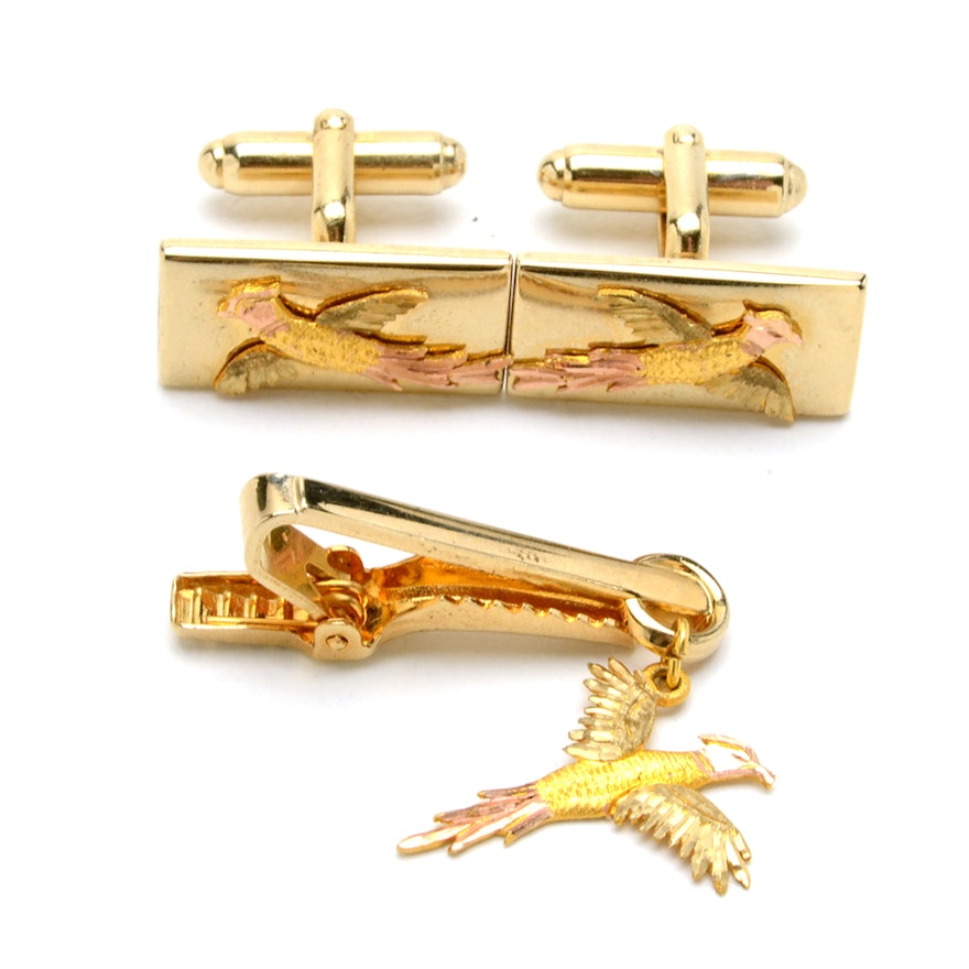 Vintage Anson Cufflinks and Tie Bar Clip with 10K Pheasant