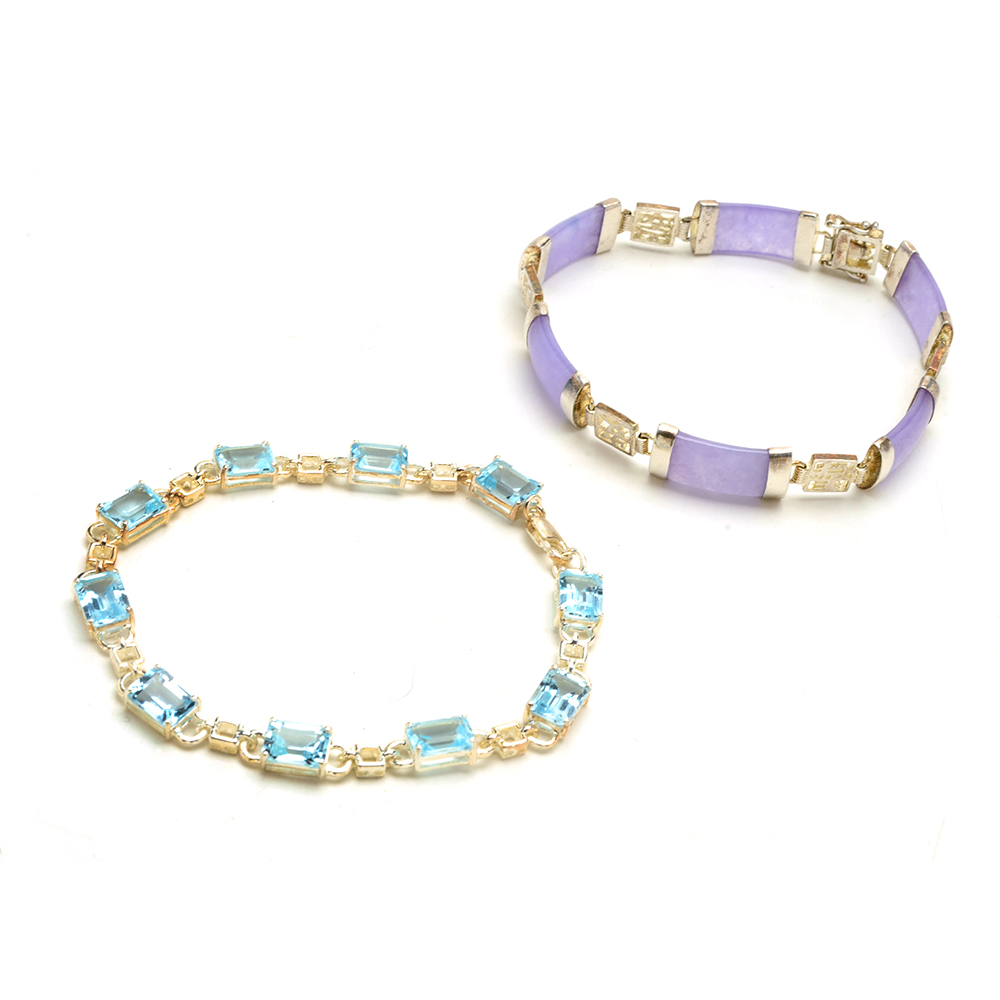 Sterling Silver, Jadeite, and Blue Topaz Bracelets