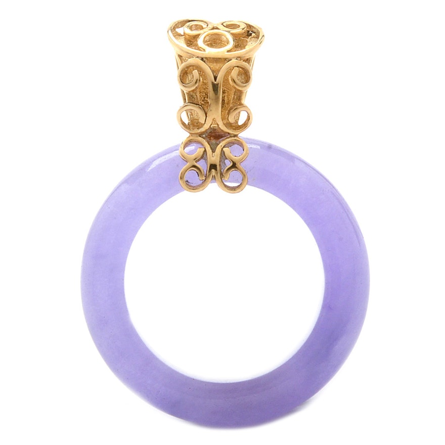 14K Yellow Gold Dyed Lavender Jadeite Carved Ring Pendant