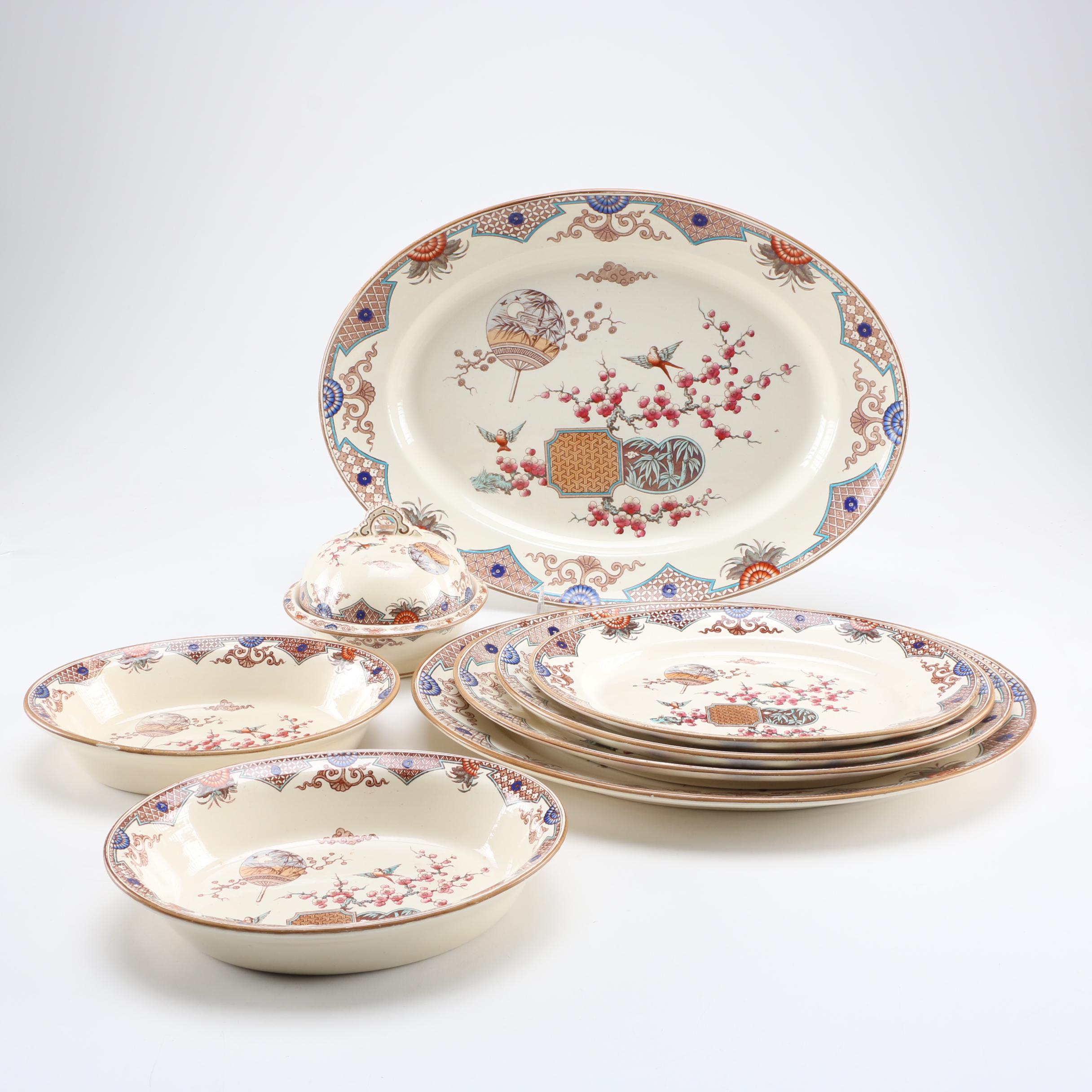 1879 English T. Furnival and Sons "Formosa Brown Multicolor" Transferware Tableware