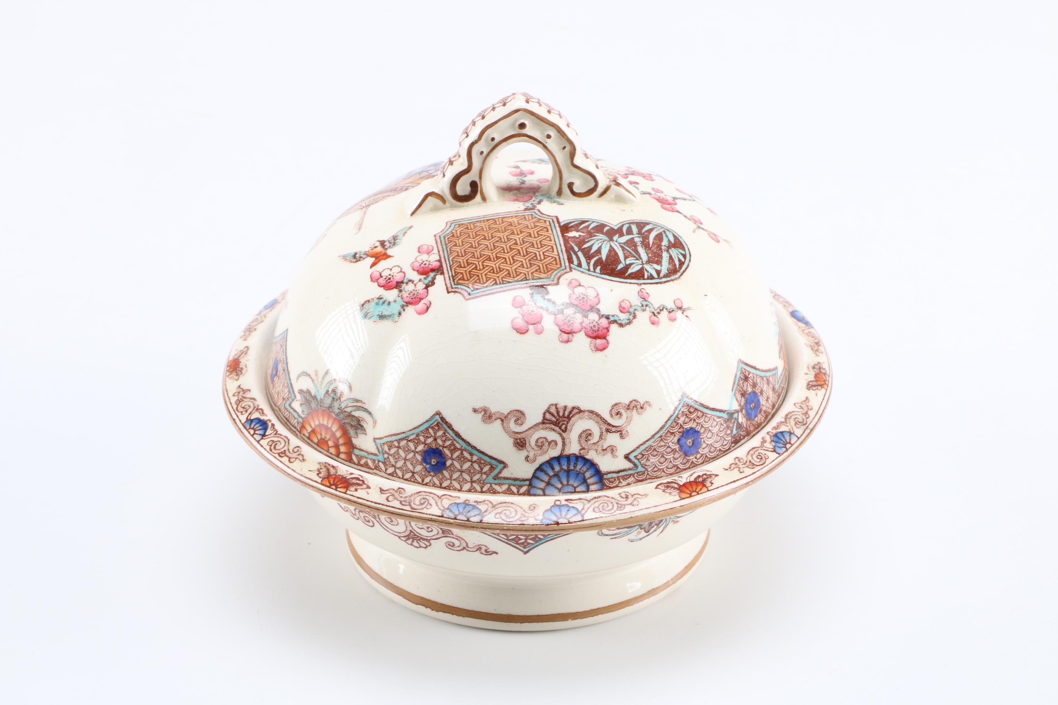 1879 English T. Furnival and Sons "Formosa Brown Multicolor" Transferware Tableware