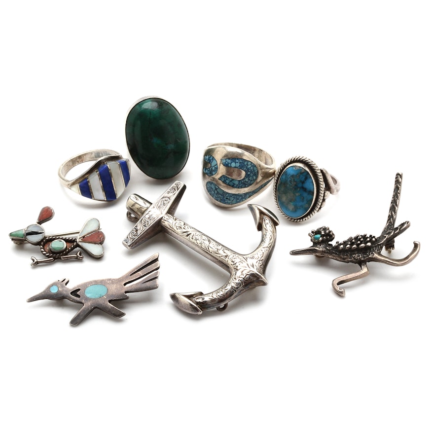 Sterling Jewelry Collection Including Roadrunner Brooches