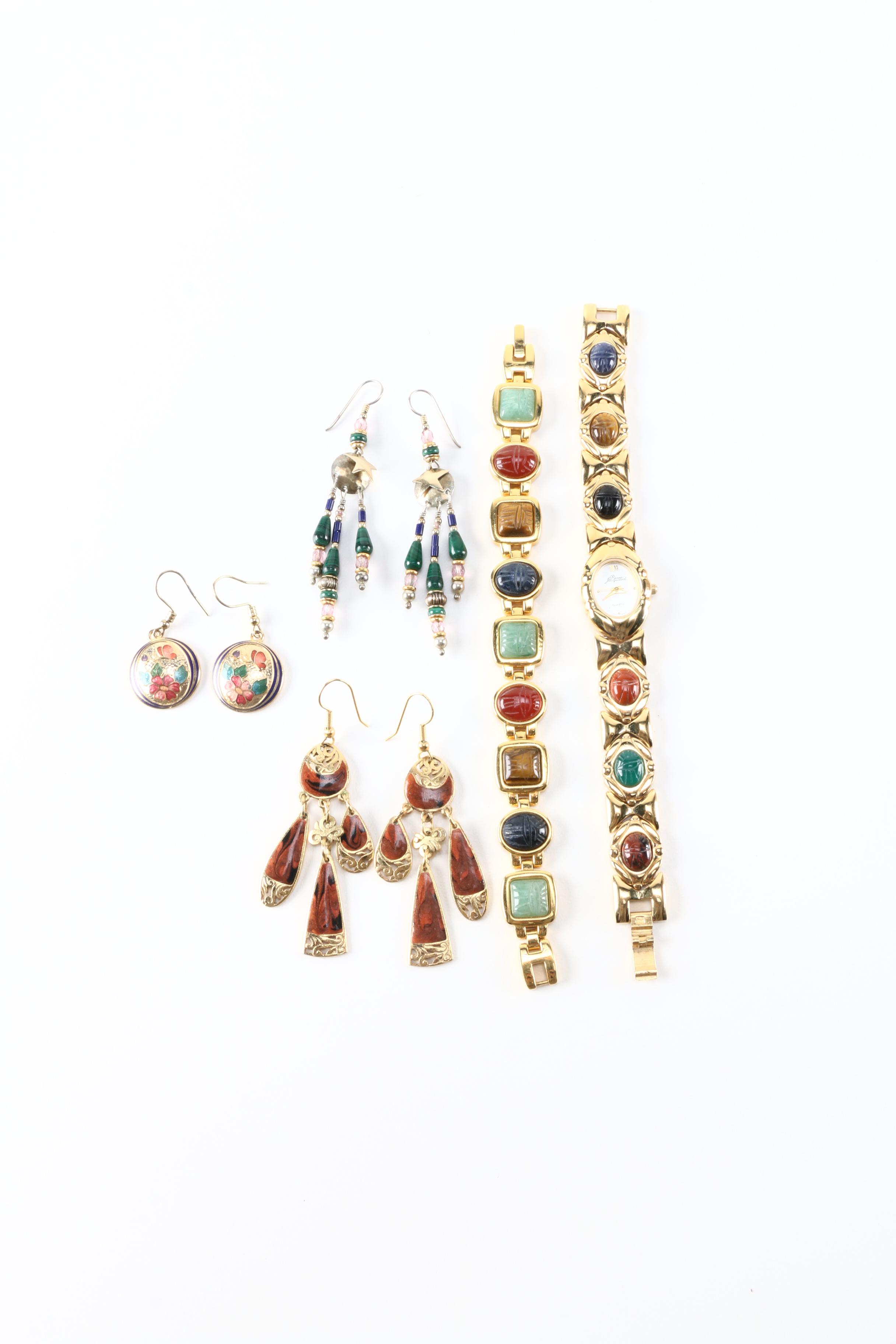 Costume Jewelry Including Watch With Carved Stones