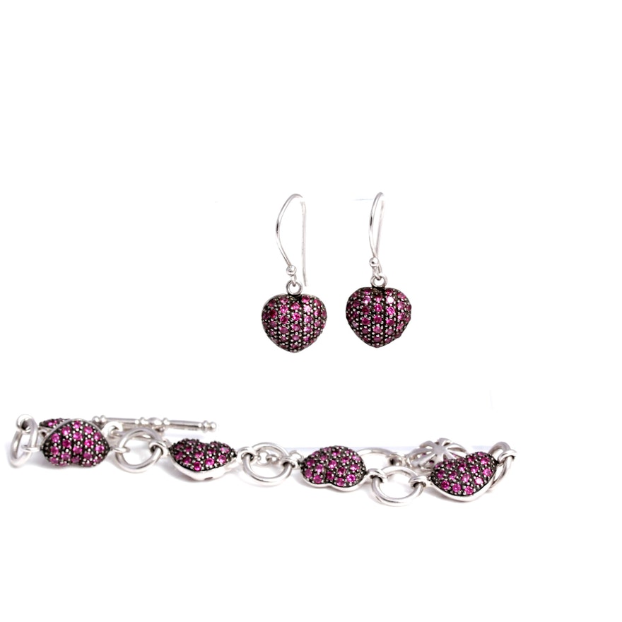 Sterling and Synthetic Ruby Bracelet and Earring Set