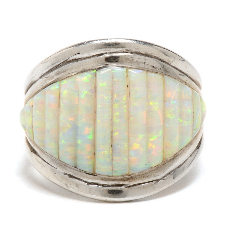 Sterling Silver Carved Synthetic Opal Men's Ring