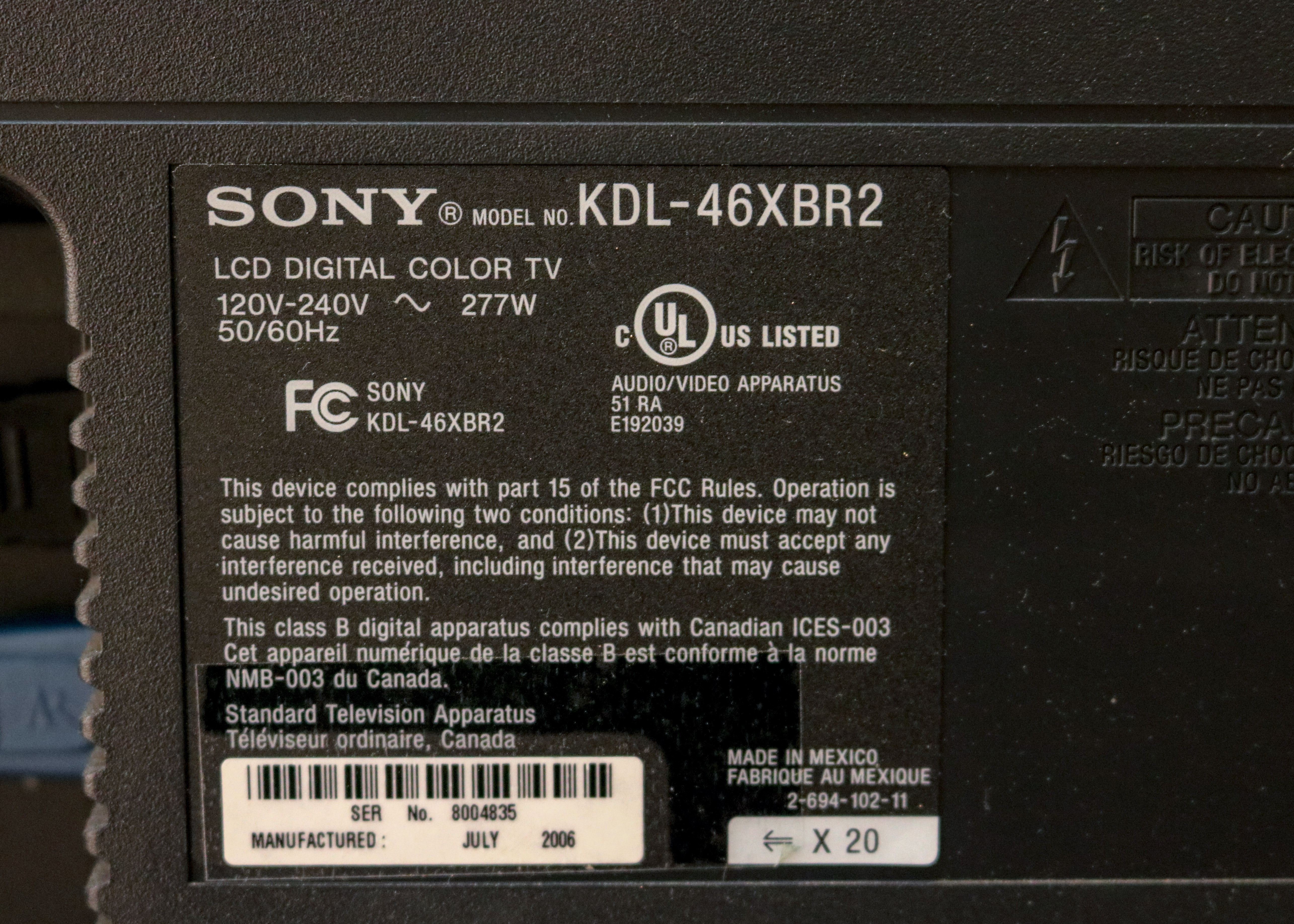 Sony 46" Bravia XBR Flat Screen Television