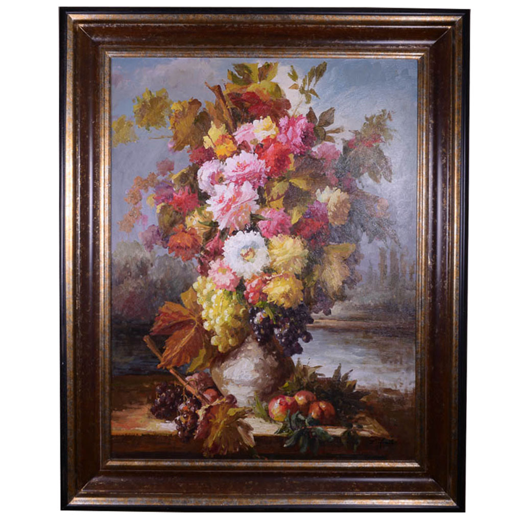 Very Large Original L. Frank Oil Painting of Floral Arrangement Still Life