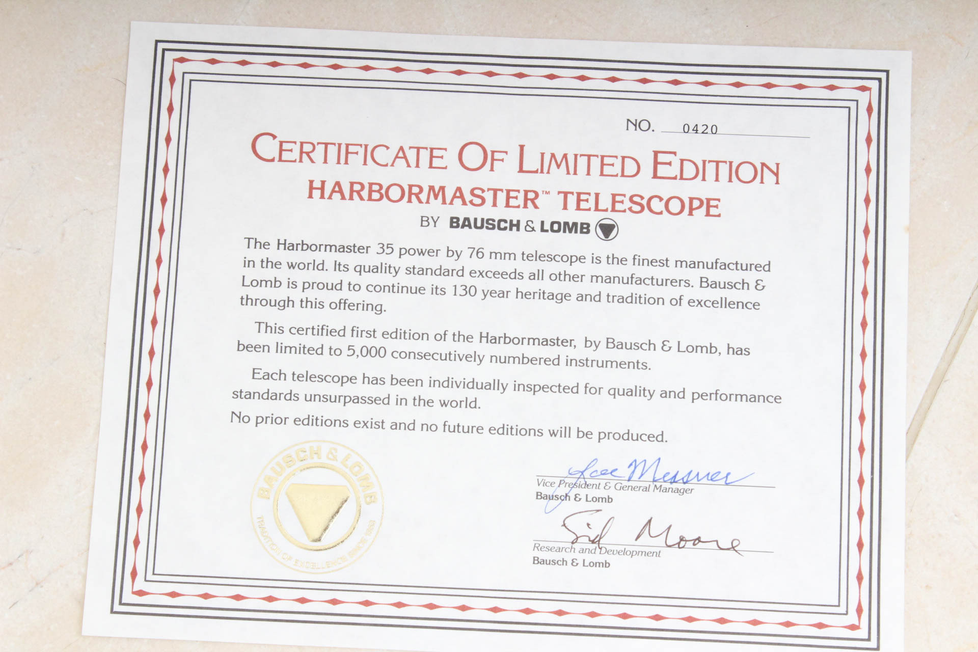 Limited Edition "Harbormaster" Telescope by Bausch & Lomb with CoA