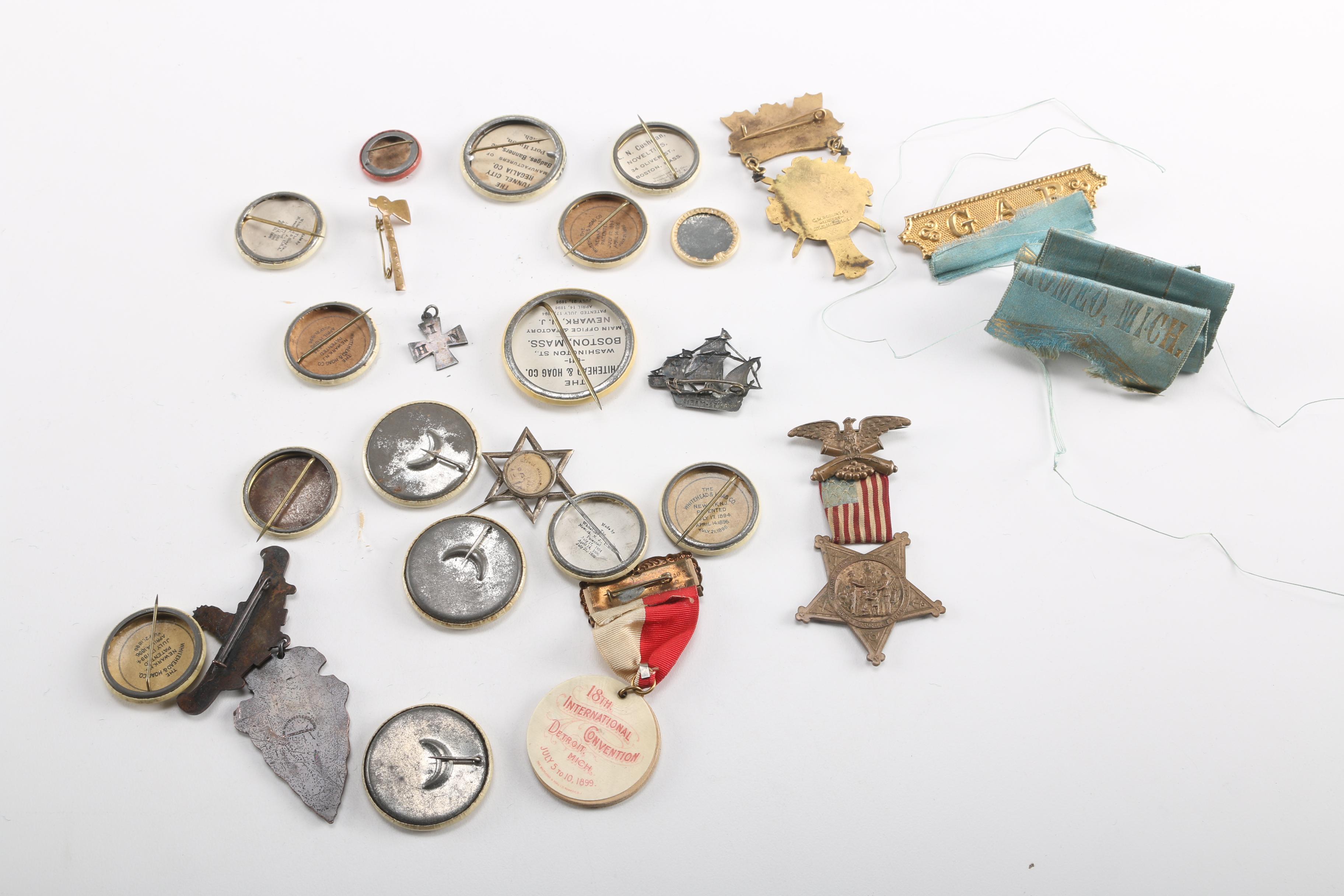 Grand Army of the Republic Antique Pinback Buttons and Medals