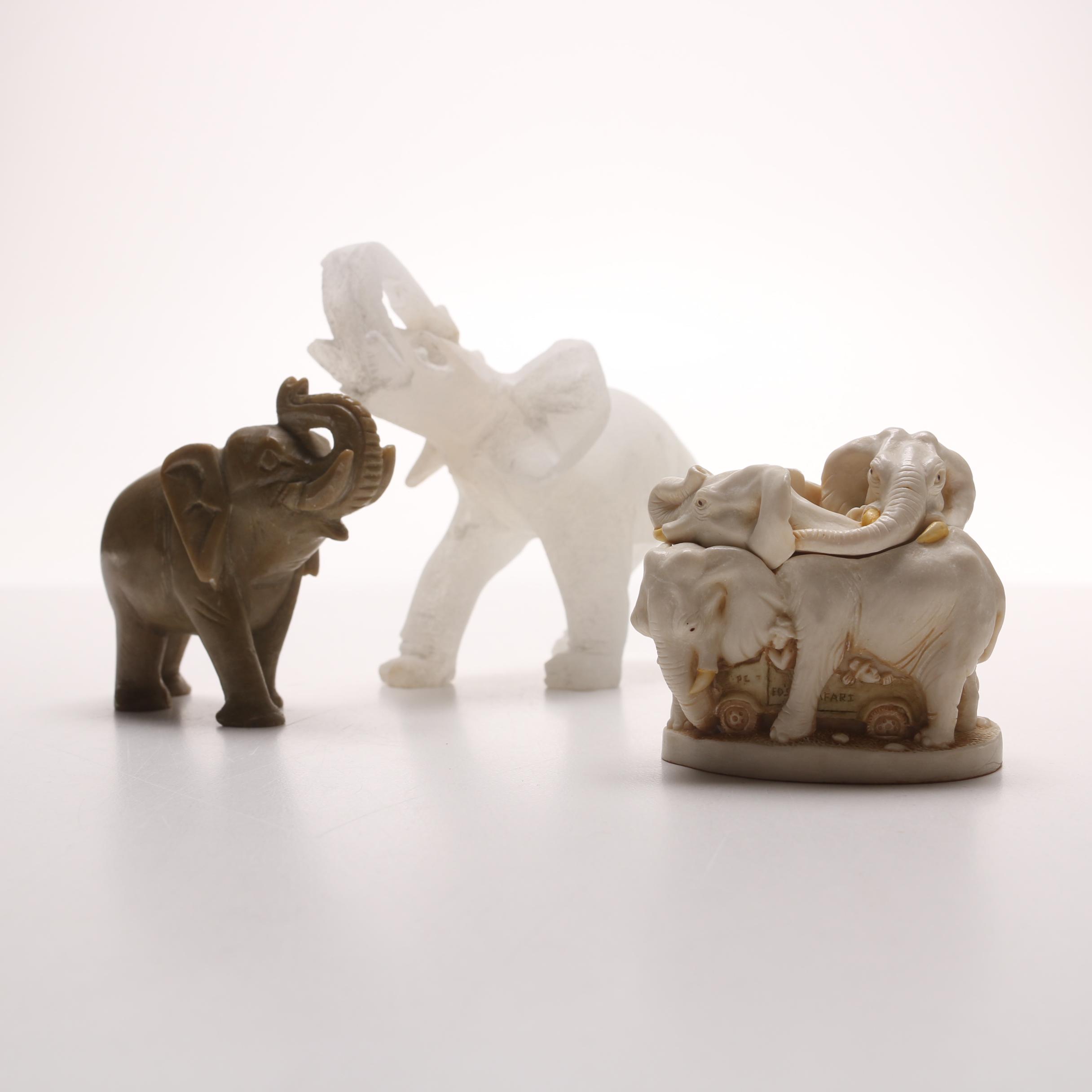 Elephant Figurines Including Trinket Box