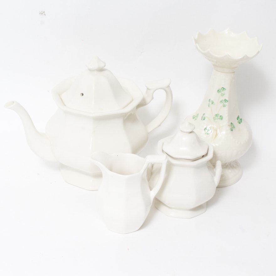 Belleek Shamrock Island Vase and Vintage English Tea Set